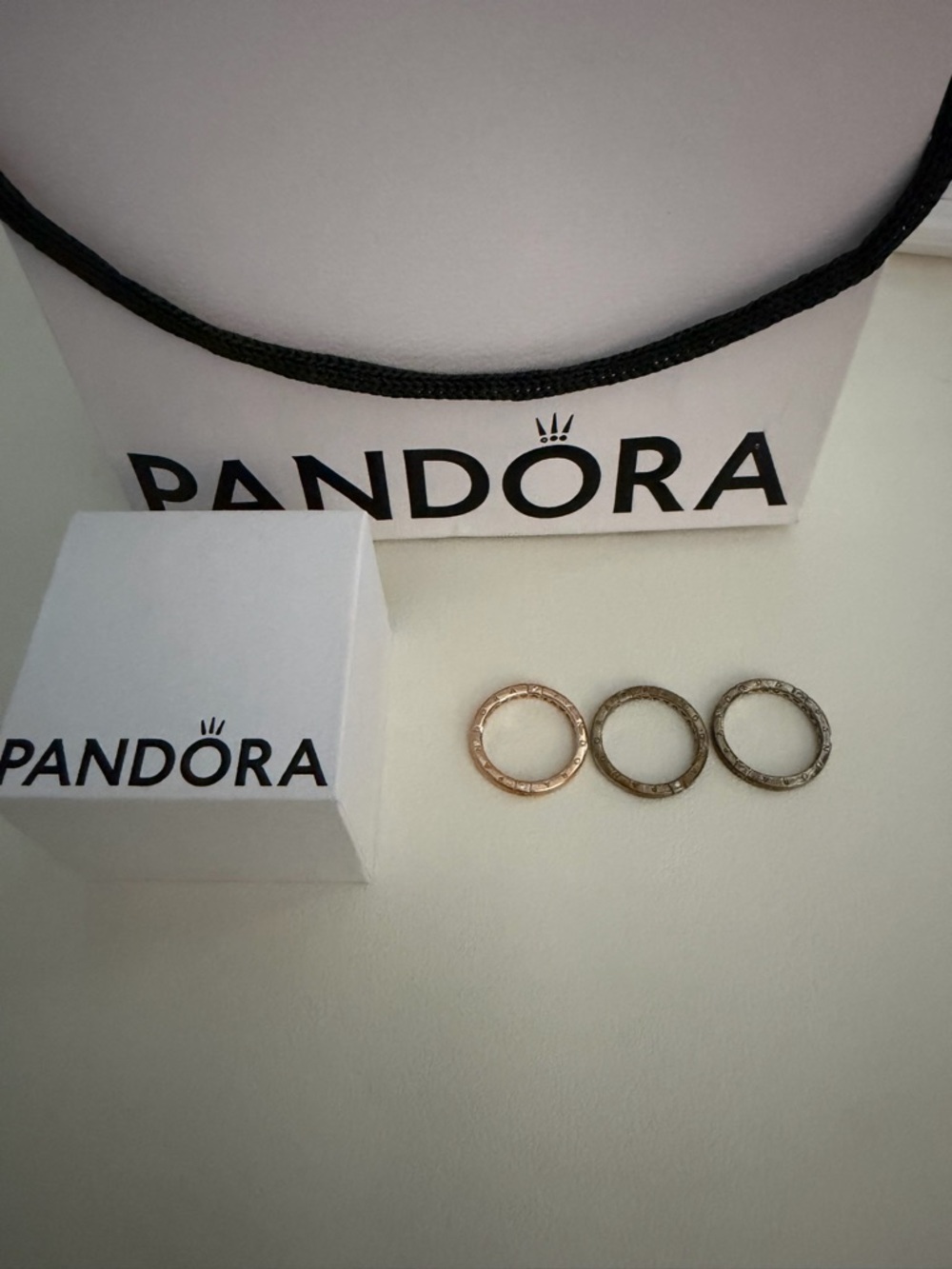 Pandora Tri-Color Textured Stacking Rings - Gold, Rose Gold, Silver - Picture 2 of 3